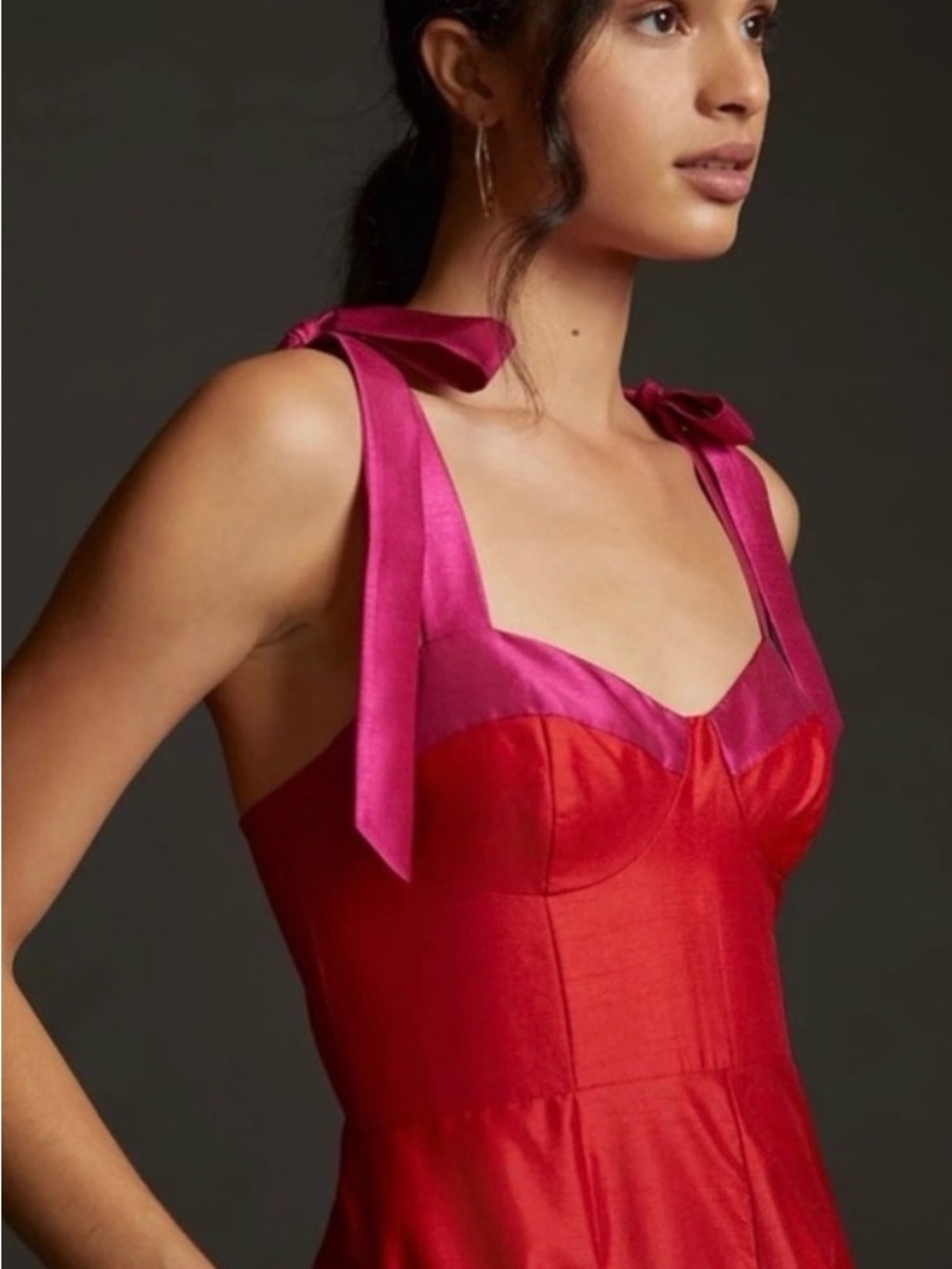 Anthropologie Two Tone Red Satin Wide-Leg Jumpsuit with Pink Tie Straps - Picture 4 of 8